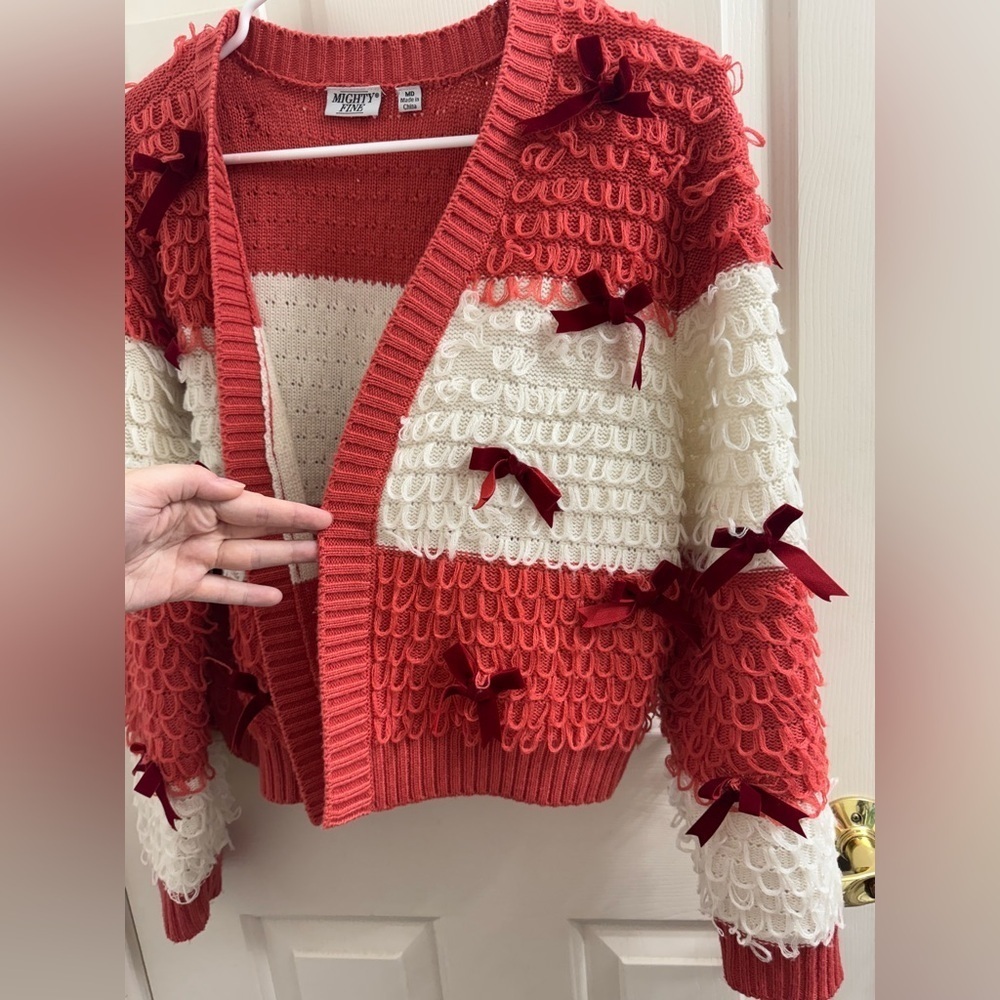 Mighty Fine Open front cropped cardigan 
Striped Cardigan with Scarlet Bows, M - Picture 7 of 10